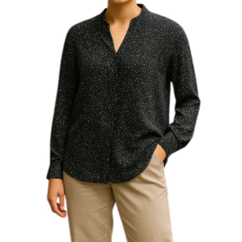 HILARY RADLEY NWOT Black White Speckled Long  Sleeve Blouse Half Button V-Neck L
